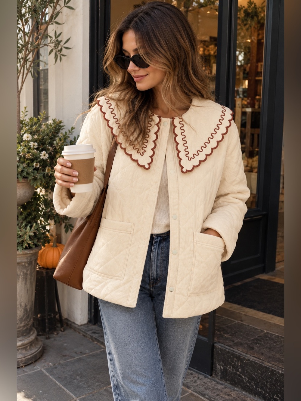 Entro NWT Cream Quilted Jacket Scalloped Embroidered Collar Cottagecore